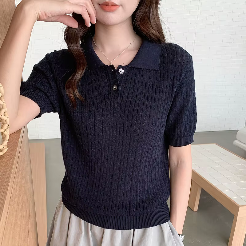 WinvyNee T-shirt en coton pour femme, hauts d'été à manches courtes bleus unis, col polo Y2k, pulls