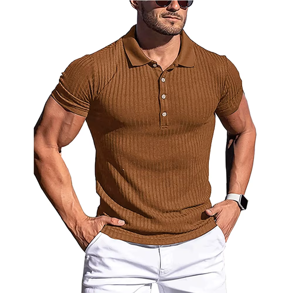 Polo à manches courtes pour hommes, chemises à col montant, rayures solides, fitness, élasticité, mo