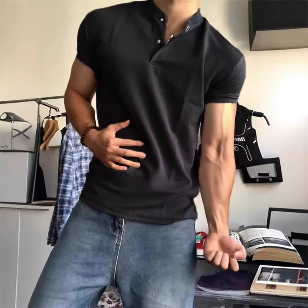 T-shirts à col Henry pour hommes, à manches courtes, col boutonné en tissu gaufré, t-shirt décontrac