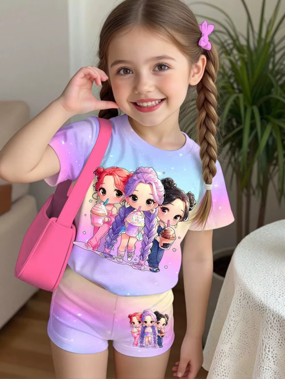 Ensemble de t-shirts K-Pop pour filles, imprimé de dessins animés d'été, manches courtes, ensemble d