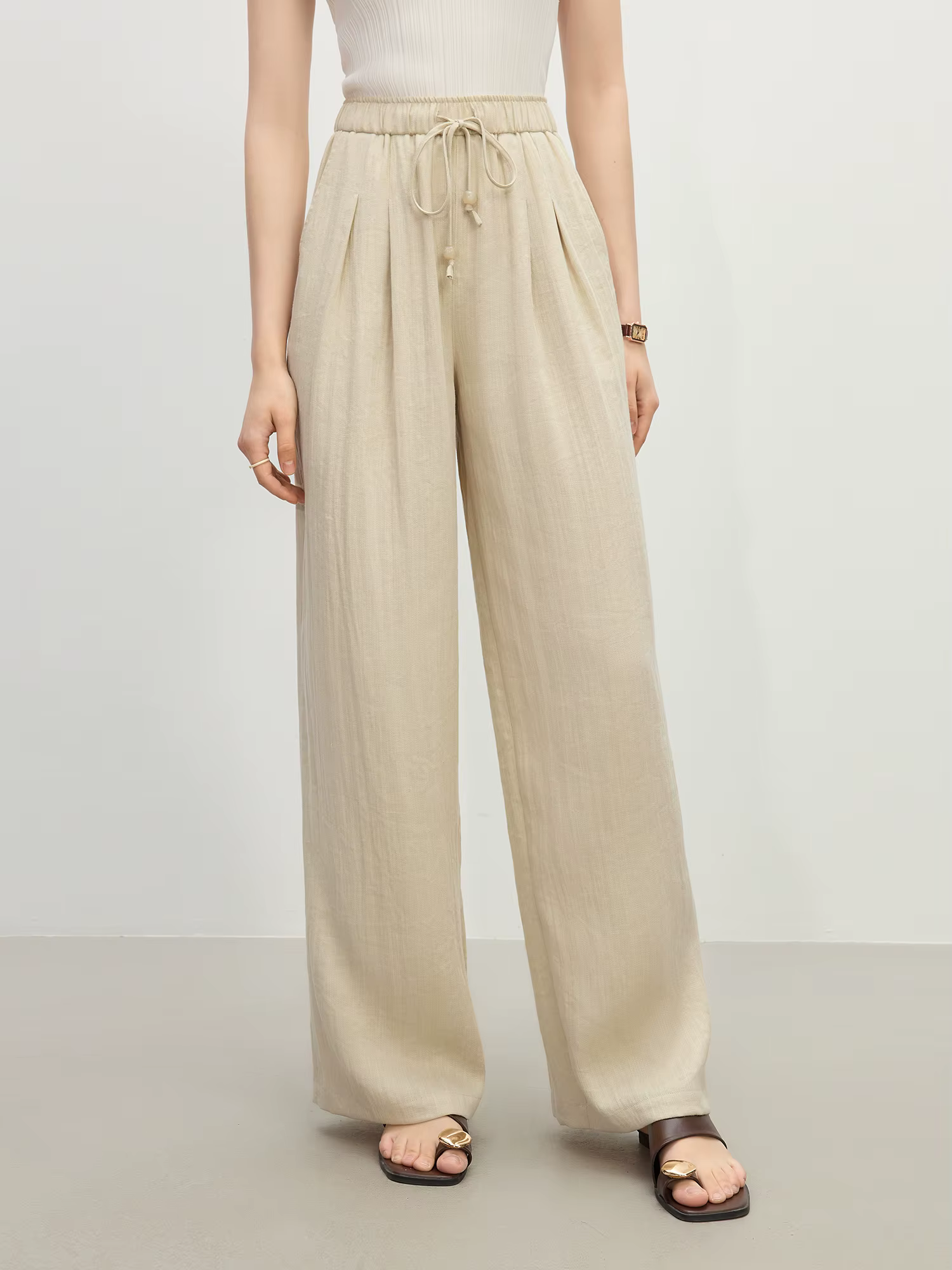 FSLE minimalisme Style lin droit élastique taille haute pantalons décontractés pour les femmes été 2