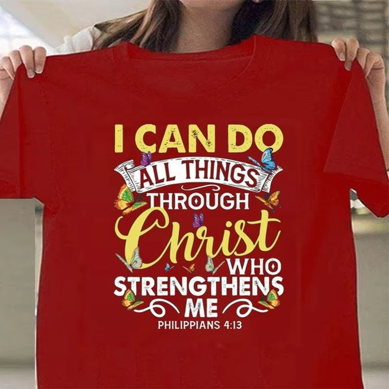 T-shirt manches courtes col rond femme, imprimé I Can Do All Thing Through Christ