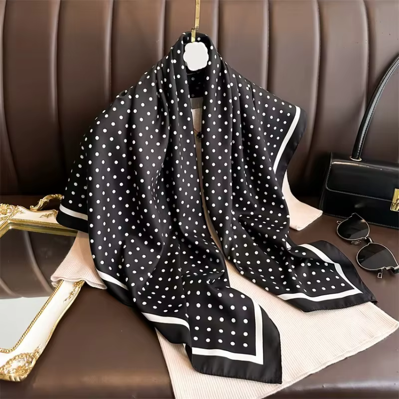 Écharpe à motif de pois de 90cm pour femmes, écharpe fine en sergé de soie Imitation pour printemps