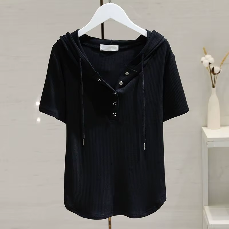 T-shirt blanc à capuche avec cordon de serrage pour femmes, manches courtes, nouvelle mode, ample, S