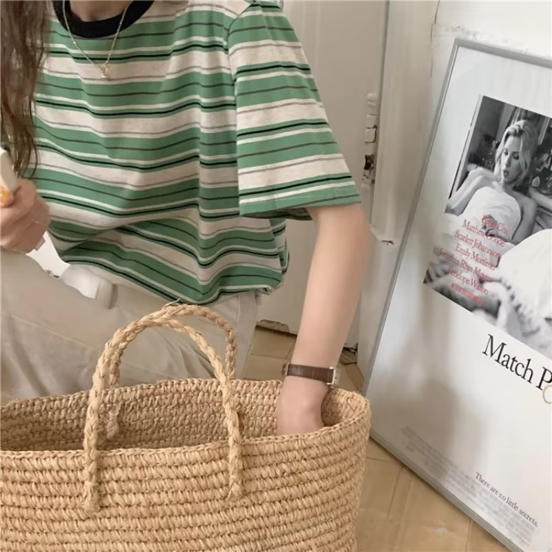 T-shirts à rayures Vintage pour femmes, manches courtes, décontracté, à la mode, classique Y2k, Hara
