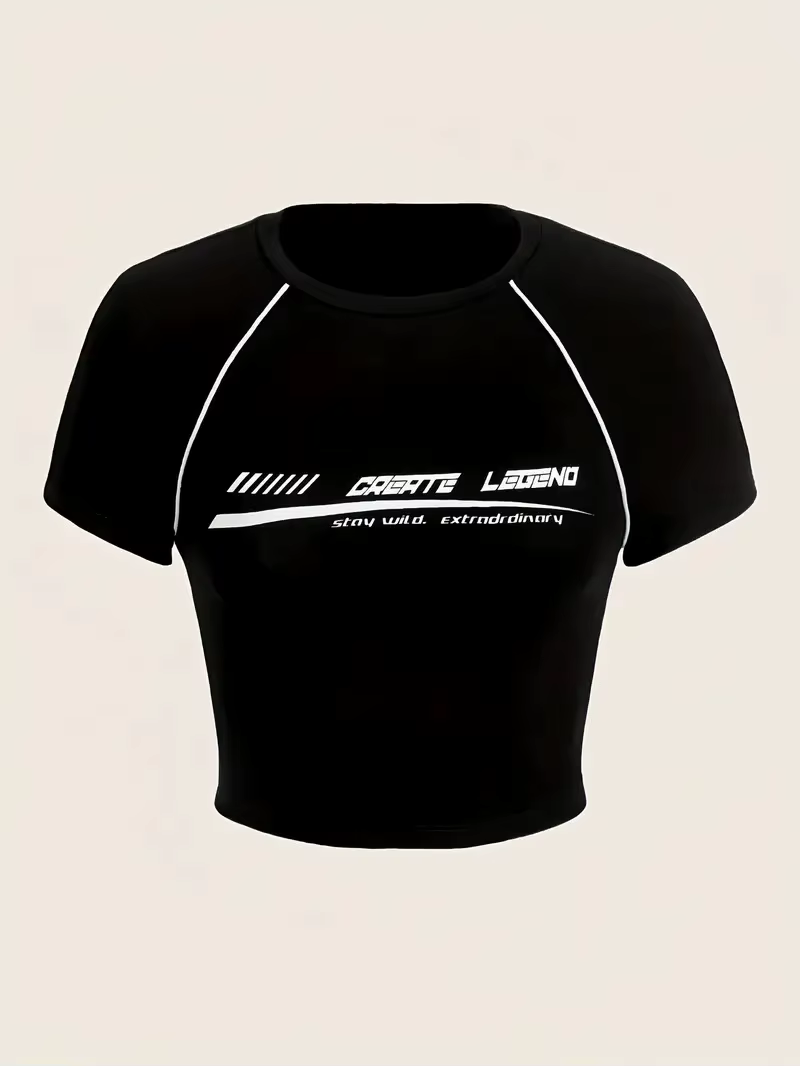 T-shirt court à col rond imprimé monogramme, haut décontracté à manches courtes printemps/été pour f