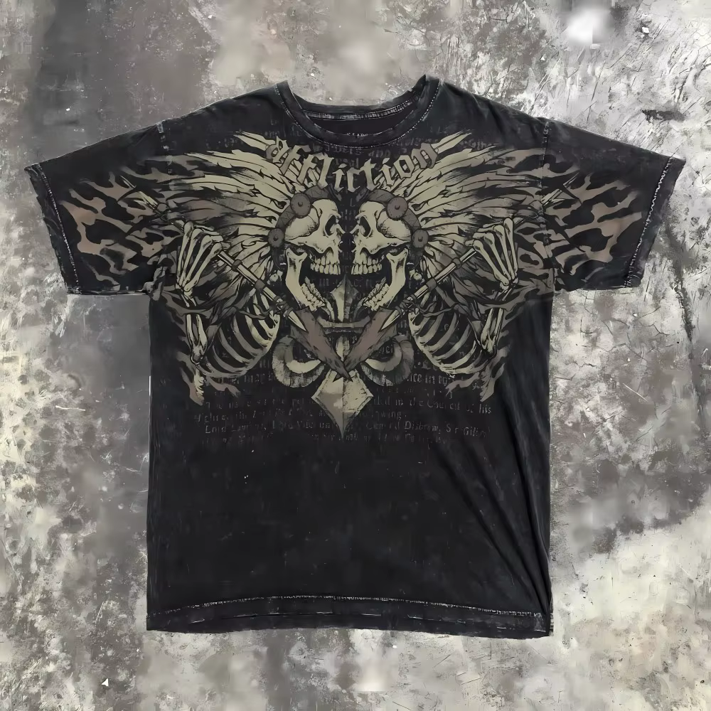 T-shirt col rond pour hommes européens et américains, nouvelle lettre de crâne gothique imprimée, co