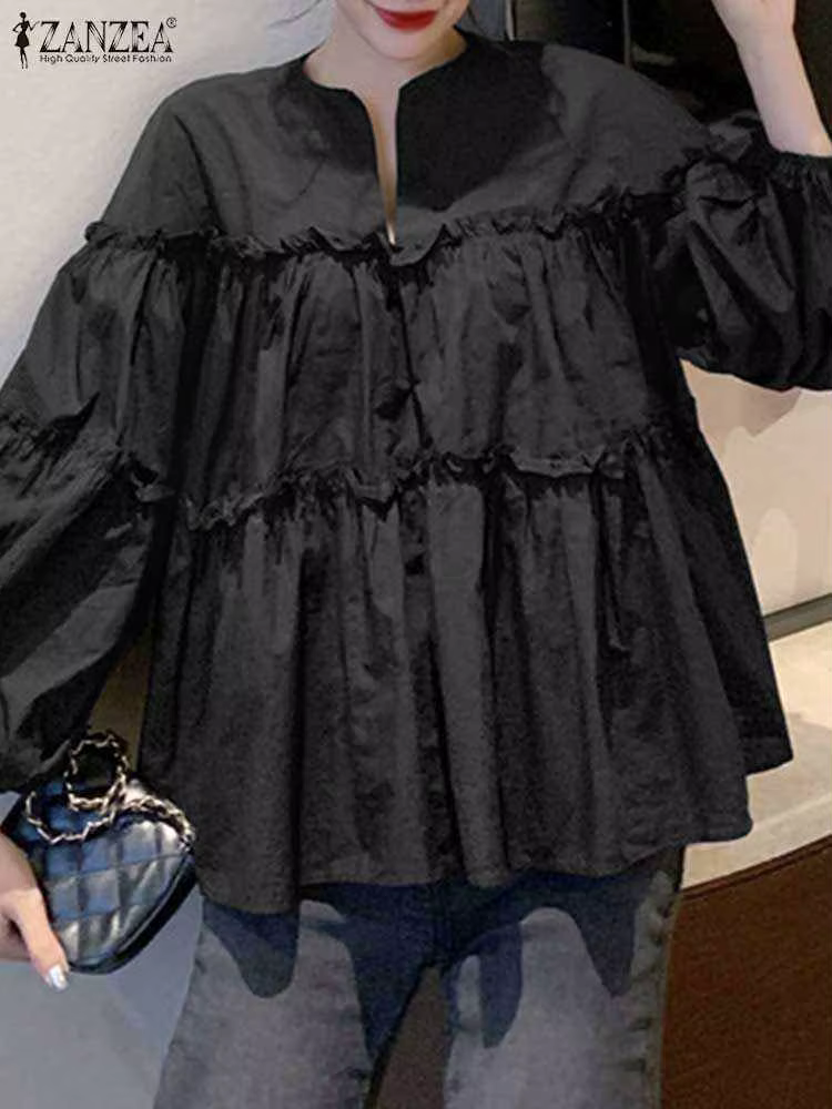 ZANZEA mode femmes à manches longues bouffantes Blouse automne printemps Eelgant chemise volants Blu