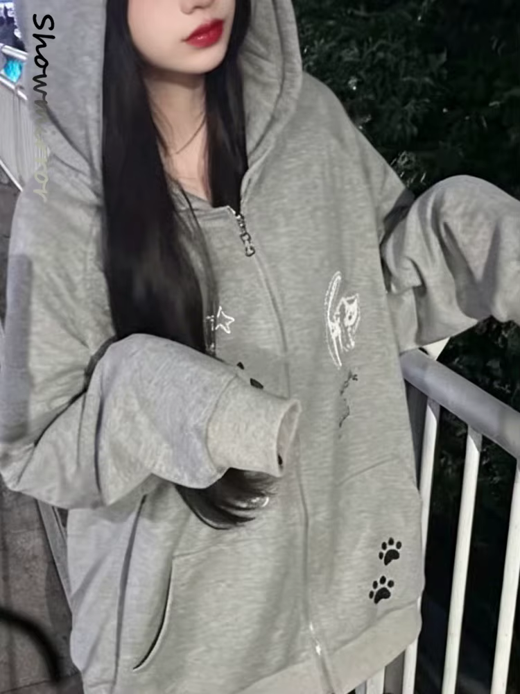 Sweat-shirt court gothique à capuche zippé pour femme, motif chat Kawaii, manches longues, style mod