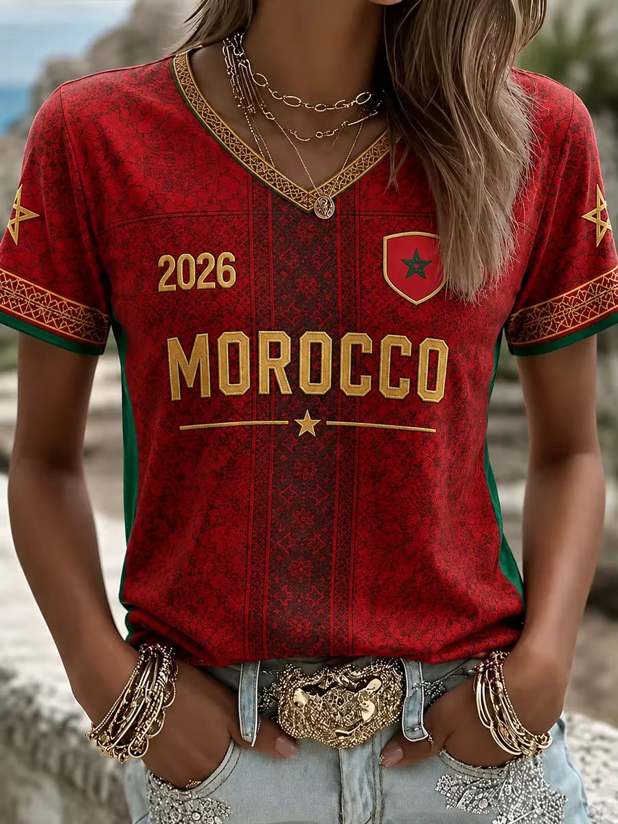 T-shirt décontracté imprimé football du Maroc pour femme, T-shirt culturel sur le thème du football