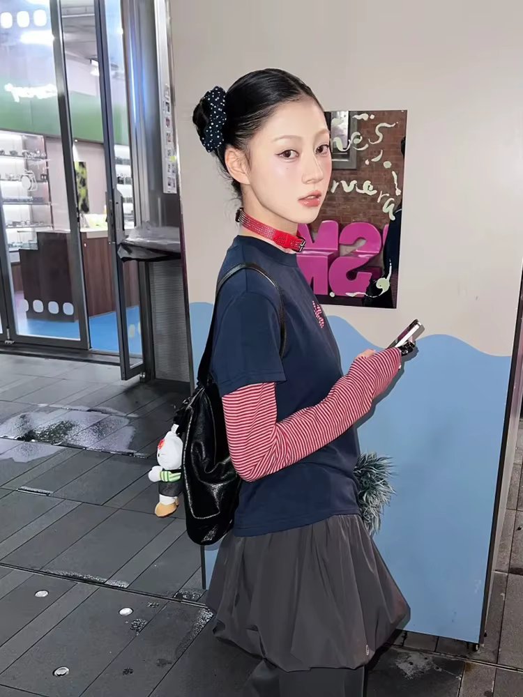 Tonngirls Harajuku Patchwork T-shirt femmes à manches longues rayé faux deux pièces hauts Streetwear