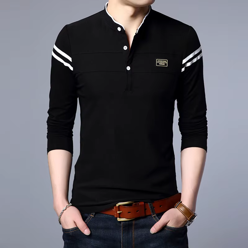 T-shirt POLO à manches longues pour hommes, décontracté, en coton, respirant, col montant, chemise c