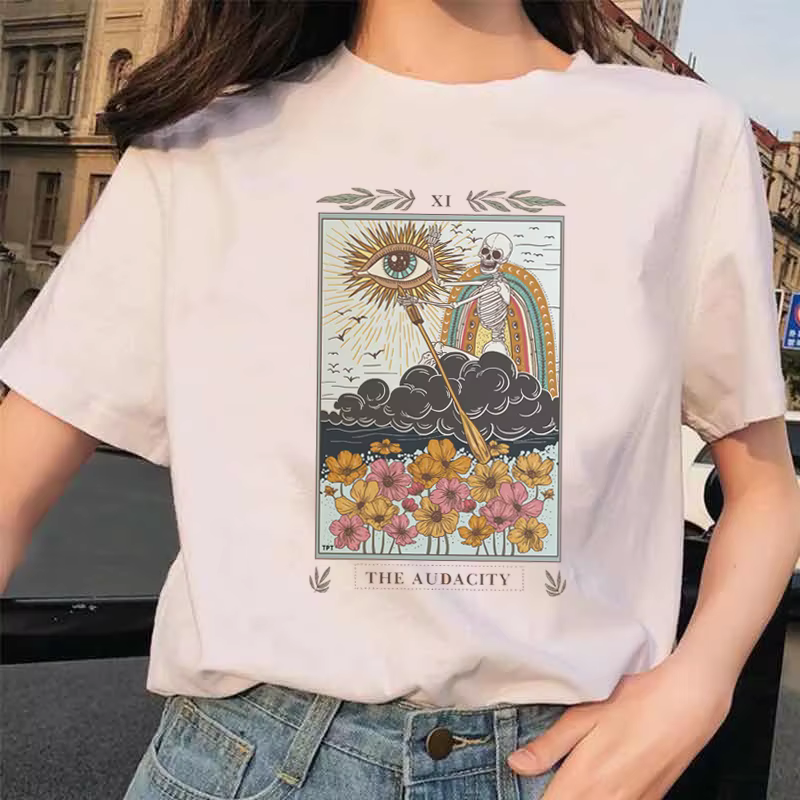 Femmes Tarot carte fleur drôle temps dames dessin animé mode à manches courtes été imprimé T-shirt f