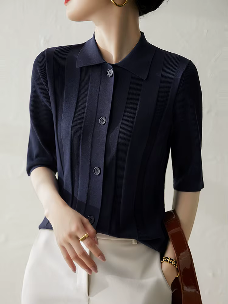 Col rabattu t-shirt Femme mode coréenne vêtements bouton t-shirts pour femmes à manches courtes 2025