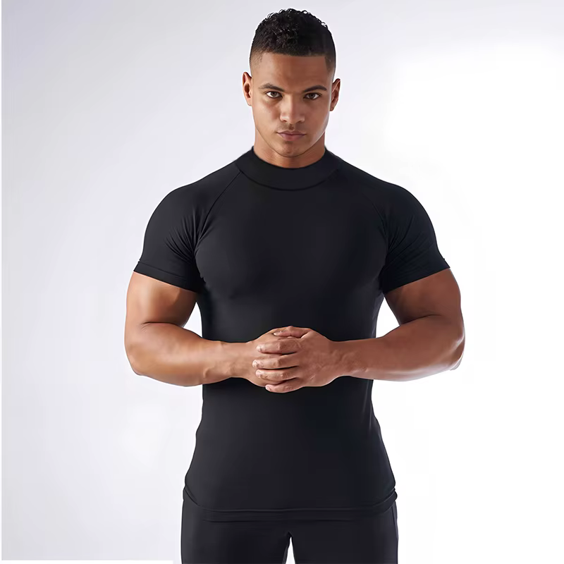 T-shirts à col roulé à manches courtes pour hommes, chemises de compression d'été, t-shirts de sport