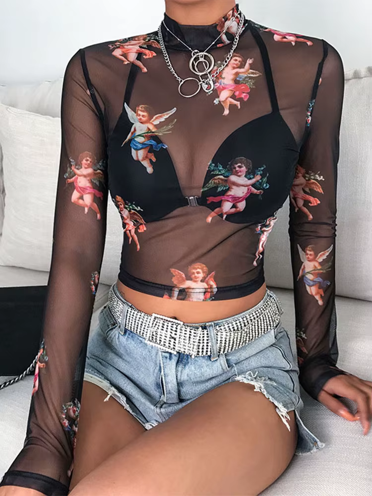 T-shirt à manches longues en maille transparente pour femmes, col roulé mince transparent, t-shirt s