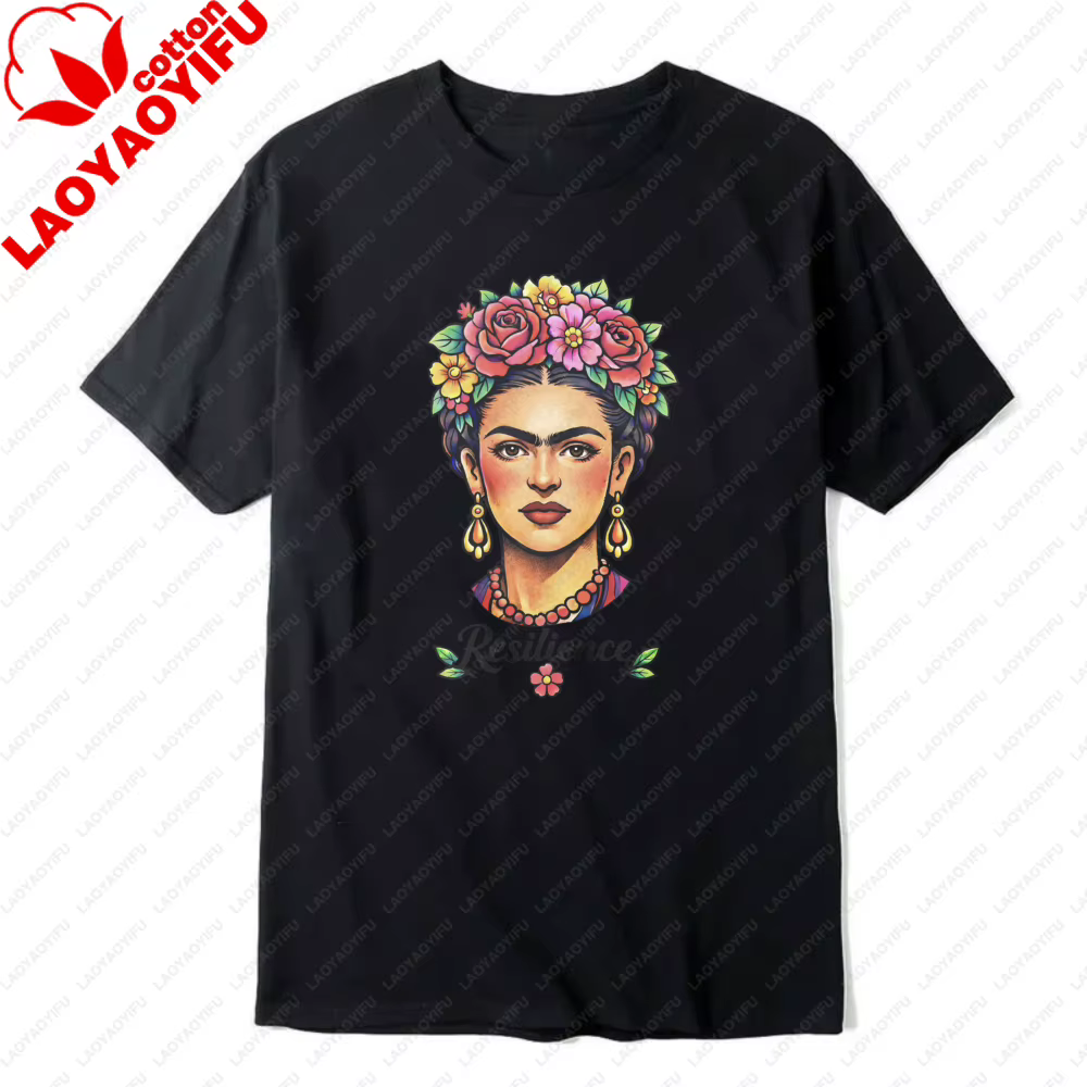 T-shirt graphique vintage Frida Kahlo avec motif floral sur la tête, imprimé « Résilience », T-shirt