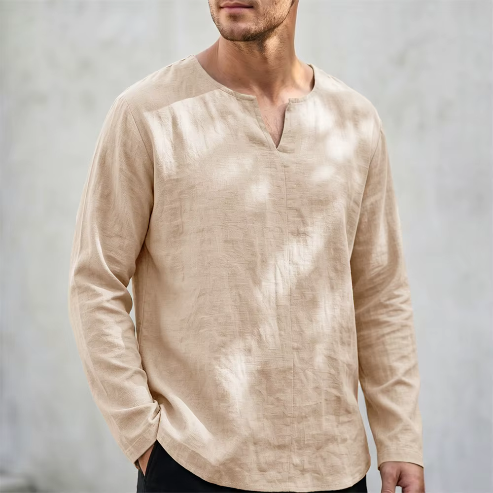 T-shirt en coton et lin pour homme, col en V, manches longues, couleur unie, respirant, léger, class