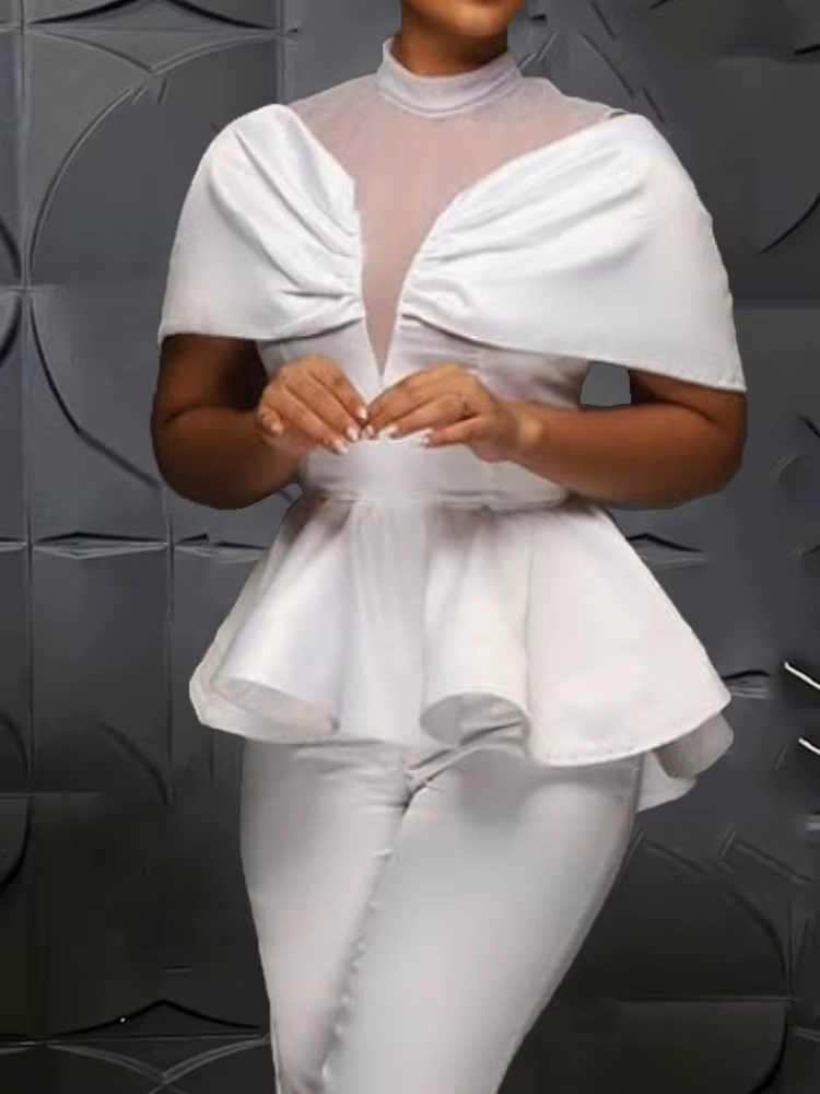 Chemisier péplum en Tulle blanc, Patchwork, manches cape, coupe cintrée, à volants, hauts de soirée 