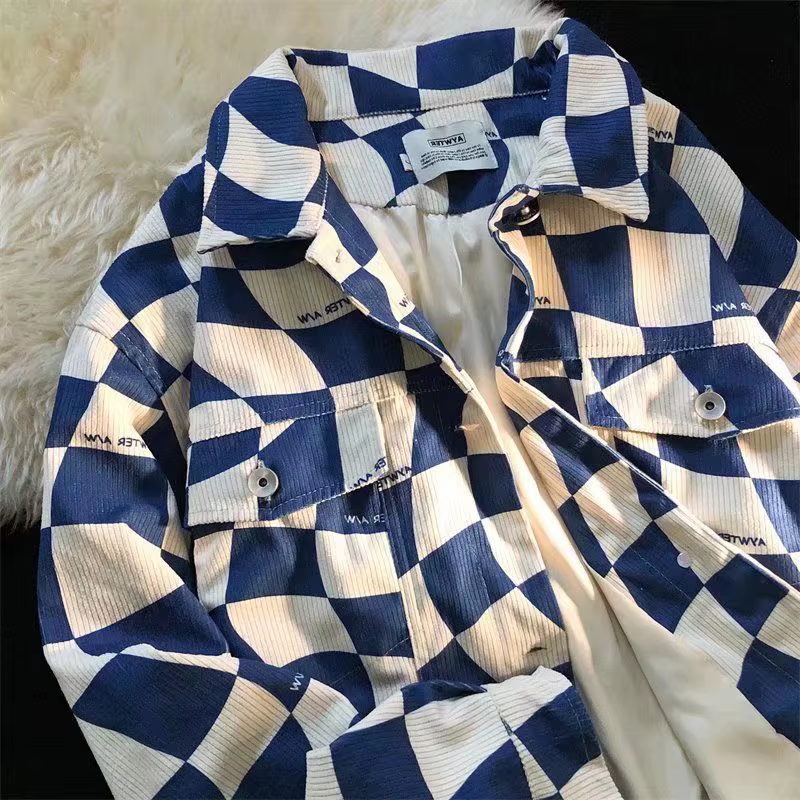 Chemise à carreaux bloquée par documents bleus pour hommes et femmes, High Street Retro Klein, veste