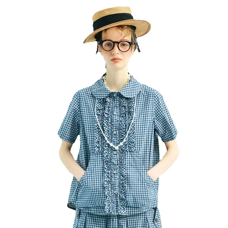 Chemise à carreaux bleue 2025 imakokoni style d'été pur coton lavé col de poupée dentelle manches co