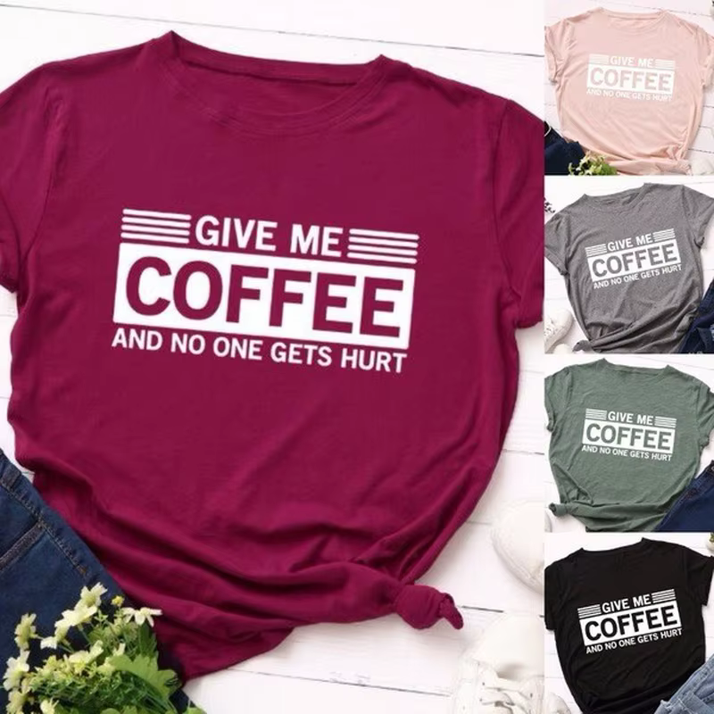T-shirt manches courtes col rond pour femme, estival et estival, avec lettres imprimées "Give Me Cof