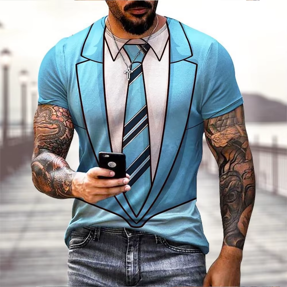 Mode d'été drôle faux costume 3D imprimé T-shirt manteau de queue cravate T-shirt hommes rue à manch