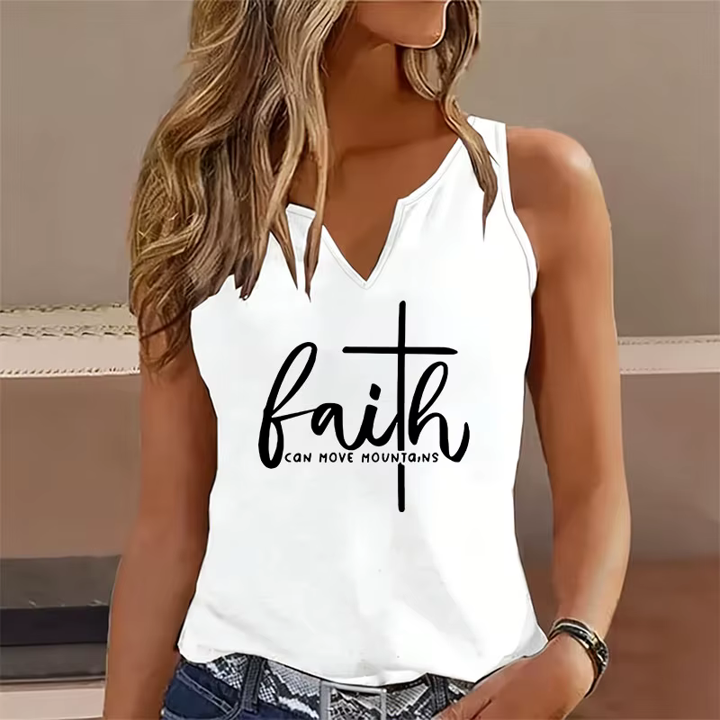 Débardeur sans manches imprimé « La foi peut déplacer des montagnes », T-shirt col en V, Gilet, T-sh