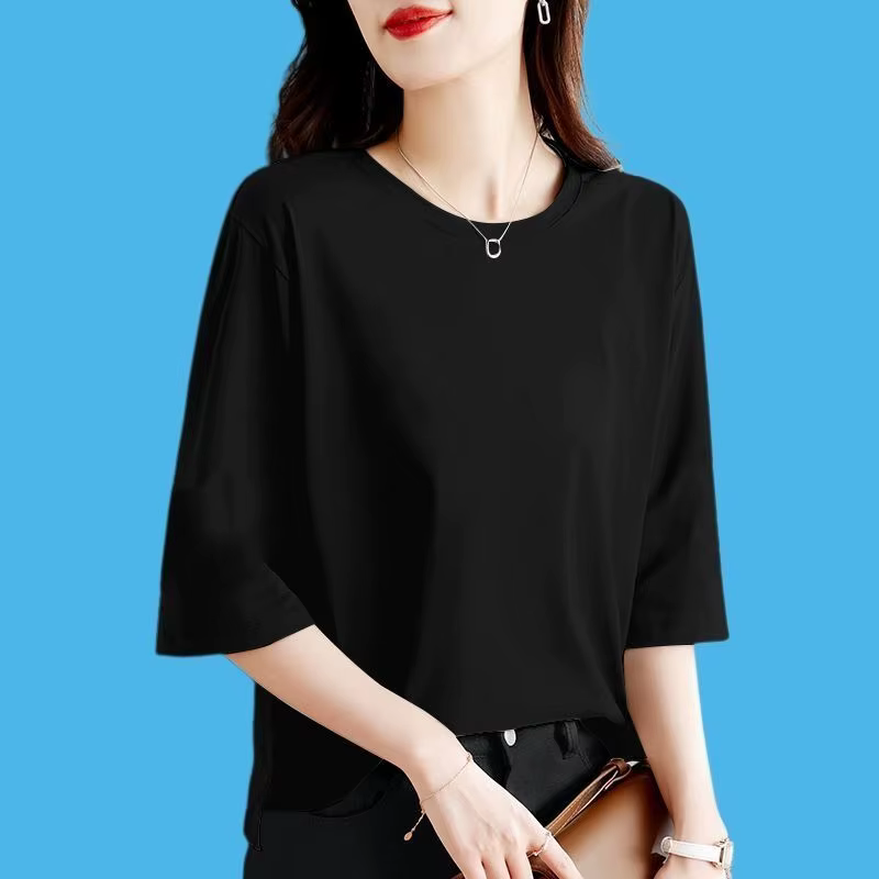 T-shirt à manches 7-quarts en pur coton pour femmes, haut ample, fin, couleur unie, col rond, Base p