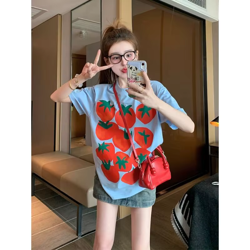 T-shirt à manches courtes tomate bleu haut de gamme pour femmes en été américain rétro ample décontr