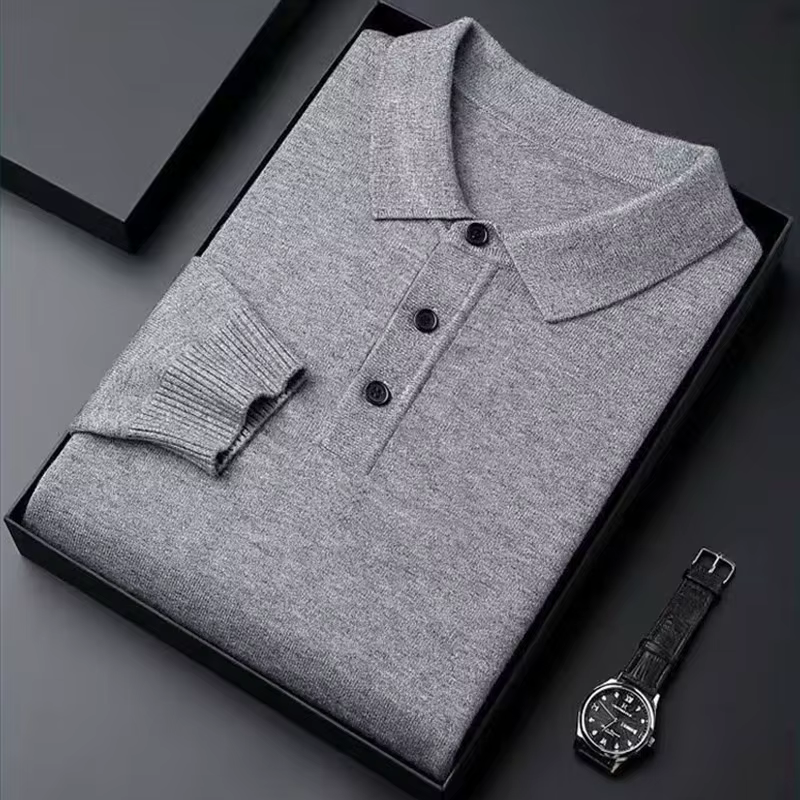 Polo à manches longues pour hommes, pull en cachemire, pull d'affaires décontracté, 100% laine douce