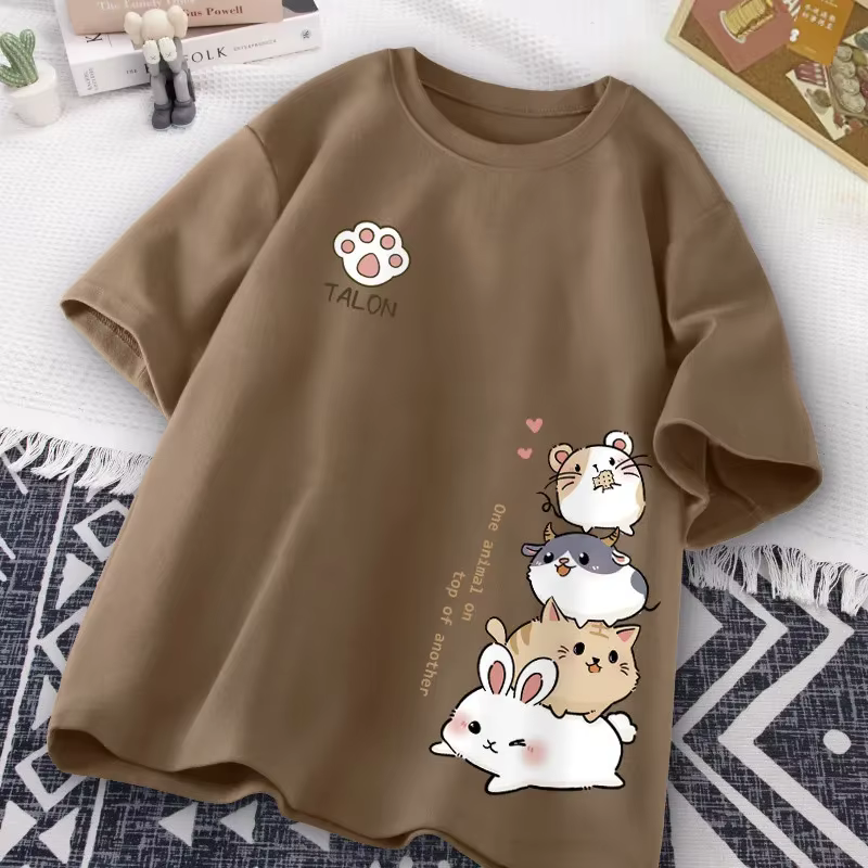Mode d'été Simple chat impression universelle à manches courtes T-shirt ample décontracté grande tai