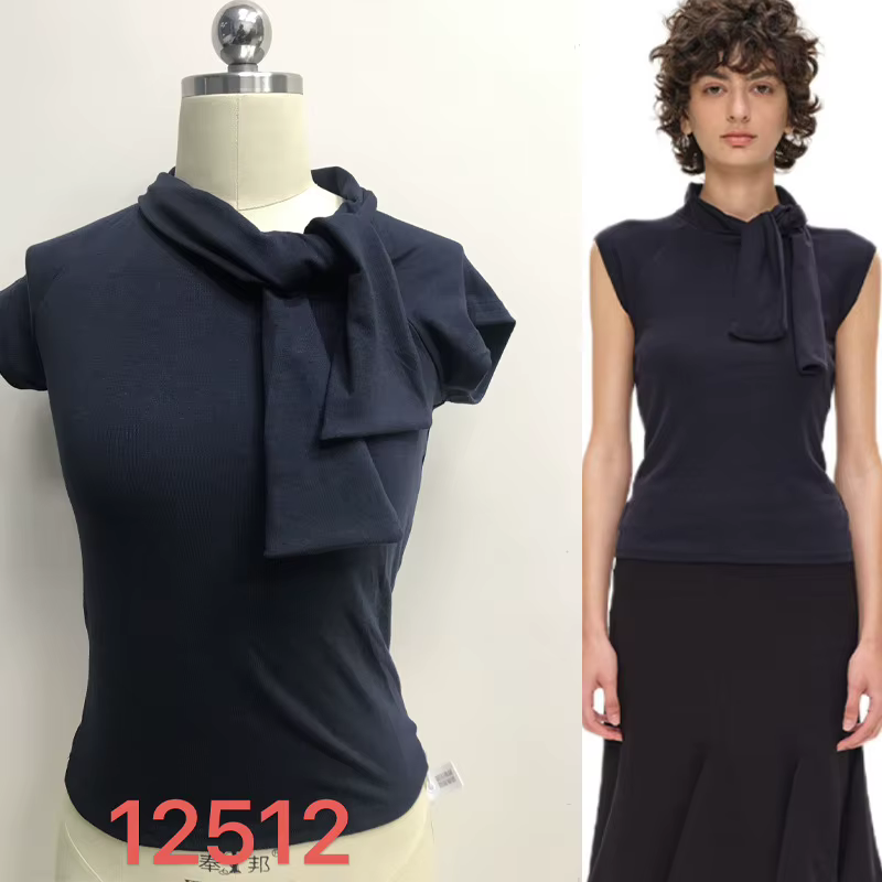 2026 T-shirt à col roulé à larges bretelles et lacets, style rétro bleu marine, avec taille cintrée 