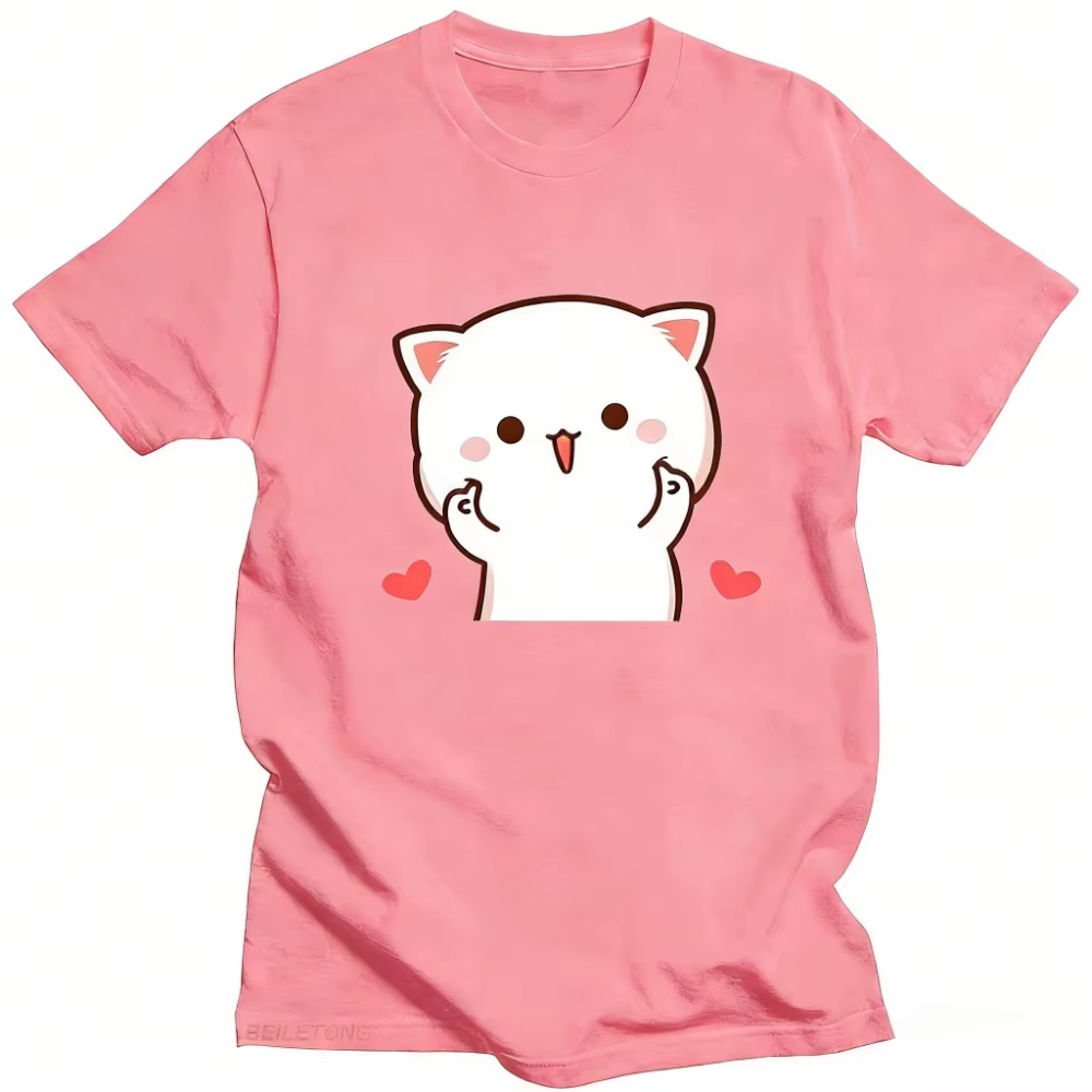 T-shirt pour femmes amusant et mignon avec imprimé de chat mochi pêche et goma, vêtements kawaii pou