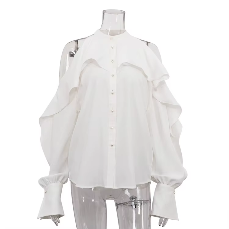 Haut à col à volants, col rond, épaules dénudées, manches longues, chemise blanche haut de gamme, 20