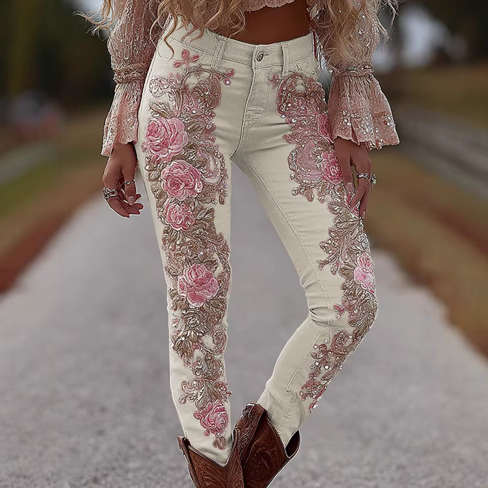 Pantalon en jean extensible pour femmes, imprimé floral 3D, coupe droite, décontracté