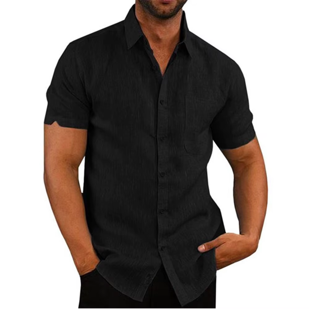 Chemises à manches courtes pour hommes, en coton et lin, couleur unie, col rabattu, décontracté, Sty