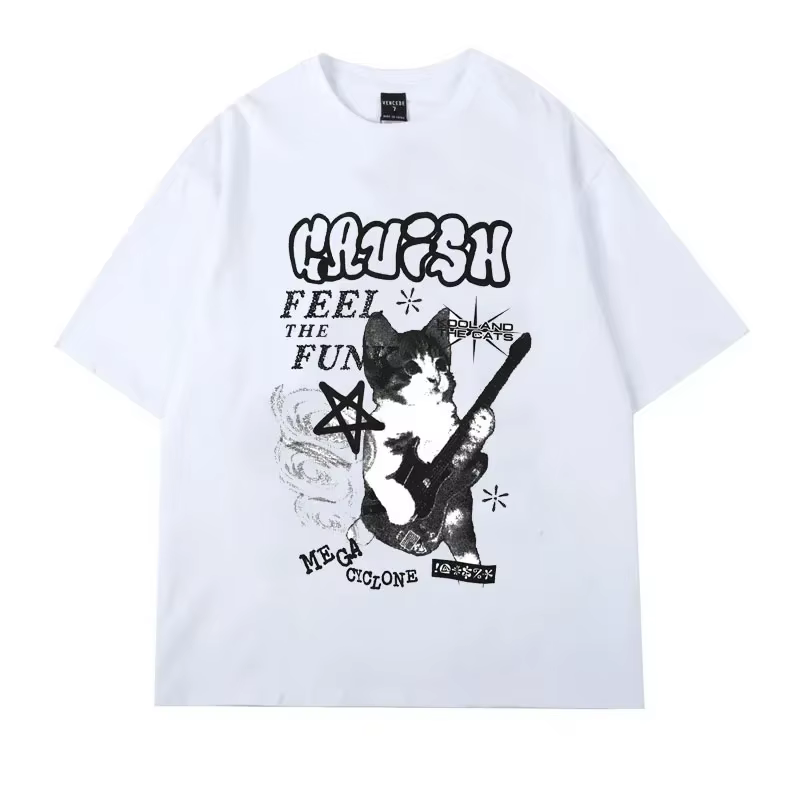 JEGraphic-T-shirt à manches courtes Cat Rock pour femmes, Streetwear américain, Vêtements d'été, Mod