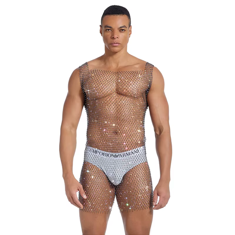 Débardeur en maille strass pour hommes, chemise sans manches en cristal scintillant, boîte de nuit,