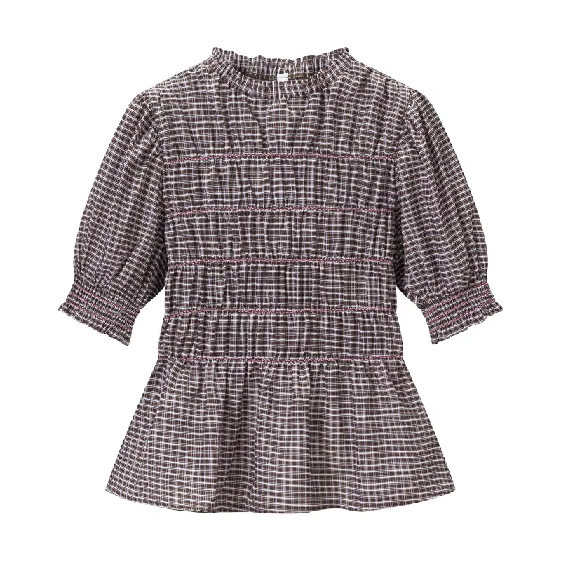 Chemisier à volants et col à carreaux style preppy, manches bouffantes, peplum à étages, pour femme,