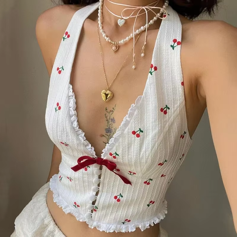 WhereMery mode coréenne imprimé licou Camis débardeurs été tricoté coupe ajustée débardeur haute rue