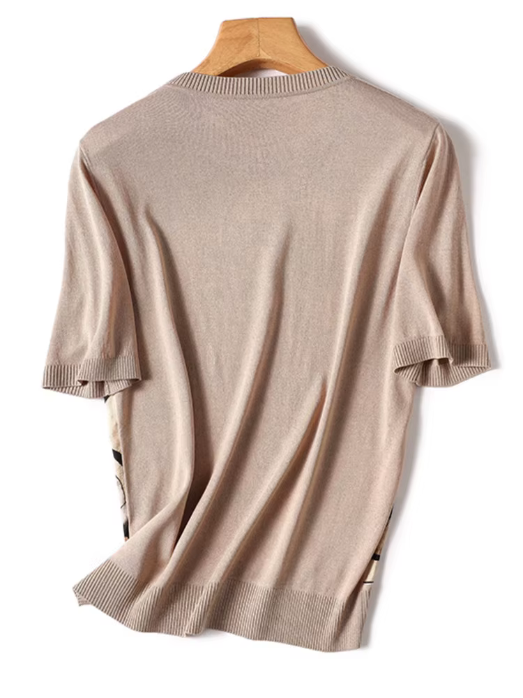 T-shirt à manches courtes et col rond pour femme, haut vintage, imprimé patchwork, tout à la mode, h