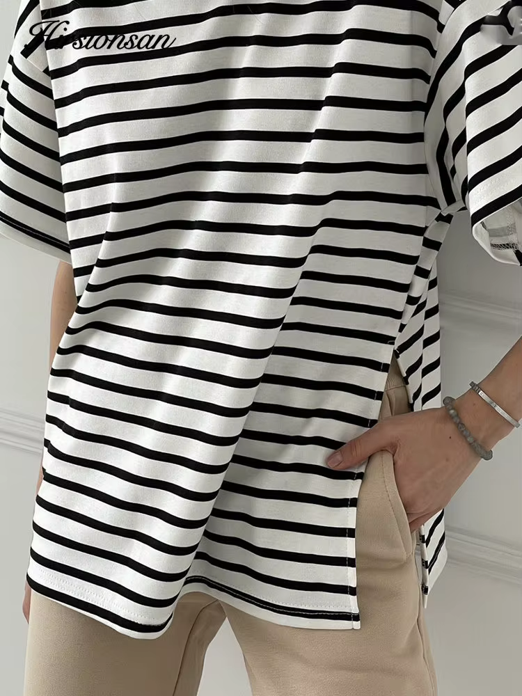 Hirsionsan – t-shirt oversize 100% coton pour femme, ample, rayé, fendu, décontracté, basique, été,