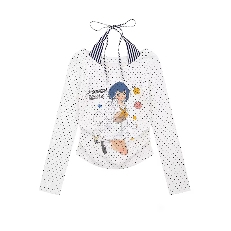 Karrram japonais Y2k Anime imprimé T-shirt 2000s Cutecore épaules nues hauts Vintage Harajuku à manc