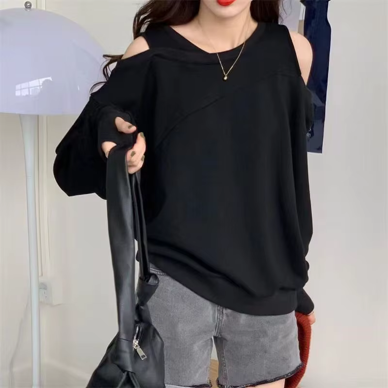 Gris femmes vêtements coton épaules dénudées haut pour 2025 femme T-shirt ample printemps et automne