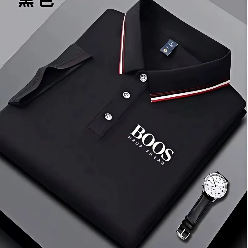 Polo homme business casual à col rayé et imprimé lettres, tissu respirant à manches courtes, matière