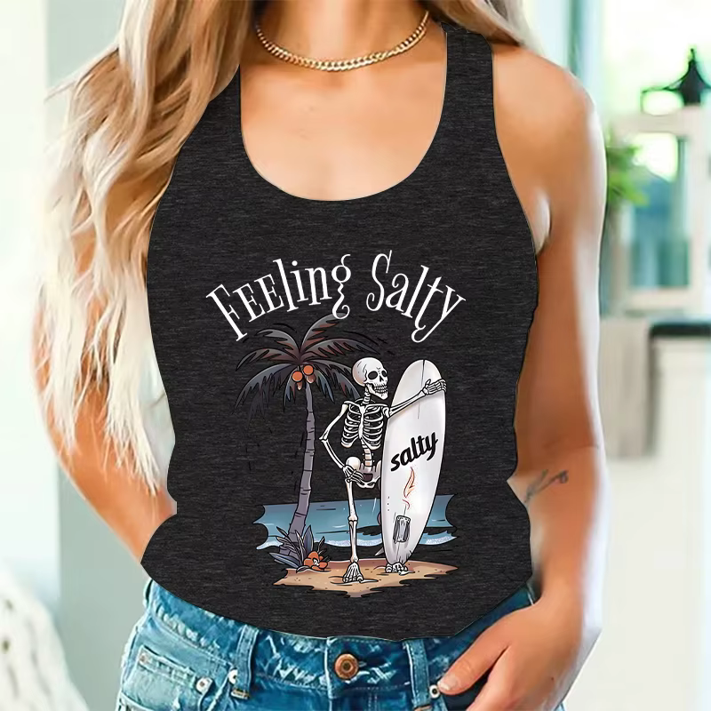 Débardeur de plage pour femmes, motif squelette de surf vintage « Feeling Salty », ambiance estivale