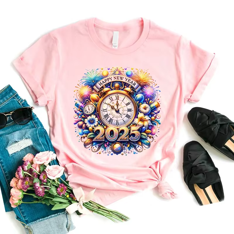 T-shirt manches courtes femme, humoristique et décontracté, Harajuku, rose imprimé, bonne année 2025