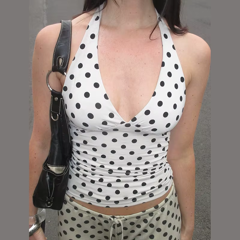 Débardeur Vintage à Pois Dos Nu Chic Urbain d'Été Coupe Slim Col Plongeant en V Décontracté à Volant