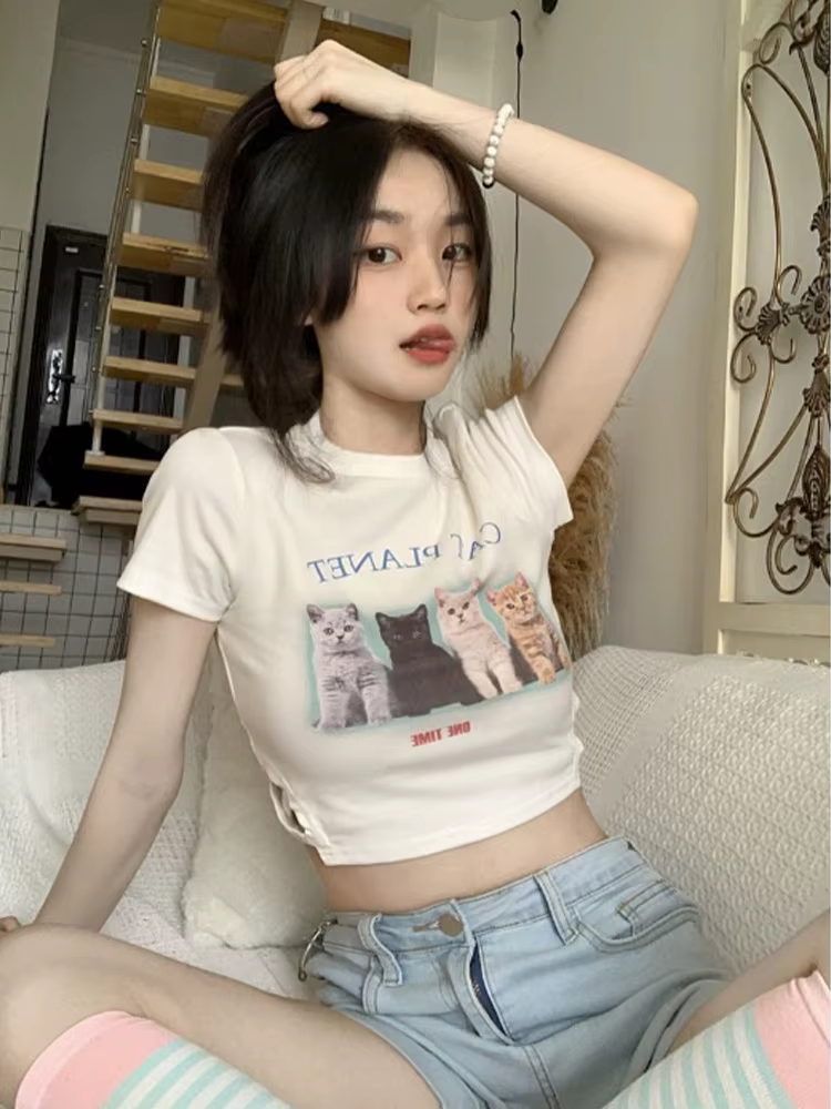 T-shirt manches courtes col ras du cou pour femmes, streetwear, décontracté, été